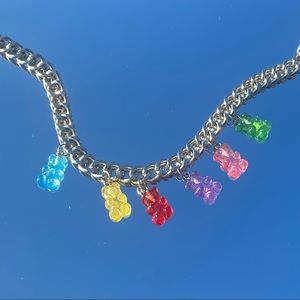 chunky silver chain choker necklace with rainbow gummy bears